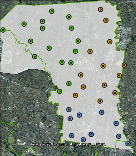 Polling places in Wills at the 2010 federal election. North-East in orange, North-West in green, South in blue. Click to enlarge.