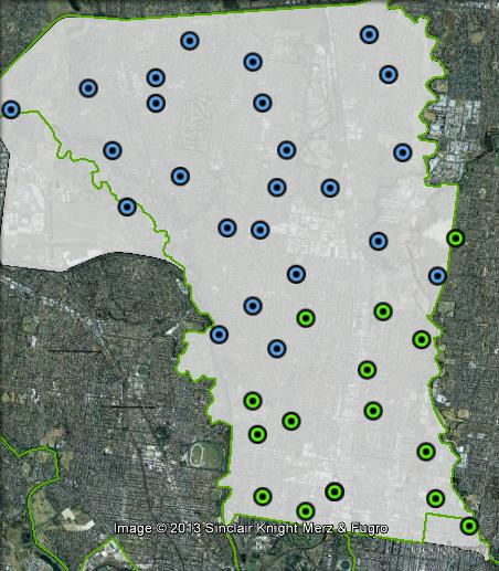 Polling places in Wills at the 2010 federal election, showing which out of the Liberal Party and the Greens polled a higher primary vote. Click to enlarge.