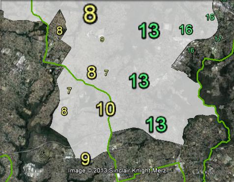 Greens primary votes in southern parts of Berowra at the 2010 federal election.