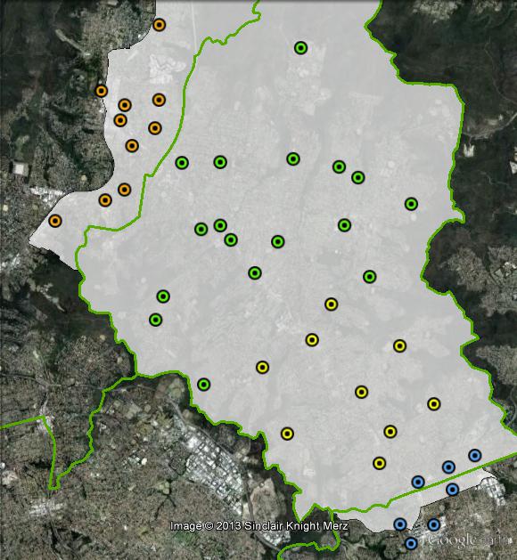 Polling places in Bradfield at the 2010 federal election. Chatswood in blue, Hornsby in orange, North Ku-ring-gai in green, South Ku-ring-gai in yellow. Click to enlarge.