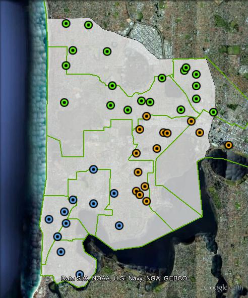 Polling places in Curtin at the 2010 federal election. North in green, South-East in orange, South-West in blue. Click to enlarge.