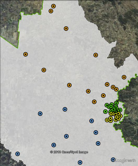 Polling places in Groom at the 2010 federal election. North in orange, South in blue, Toowoomba North in green, Toowoomba South in yellow. Click to enlarge.