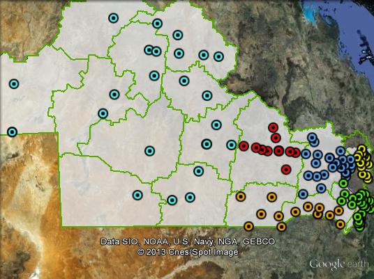 Polling places in Maranoa at the 2010 federal election. Dalby in blue, Kingaroy-Crows Nest in yellow, Roma in red, South in orange, South-East in green, West in light blue. Click to enlarge.