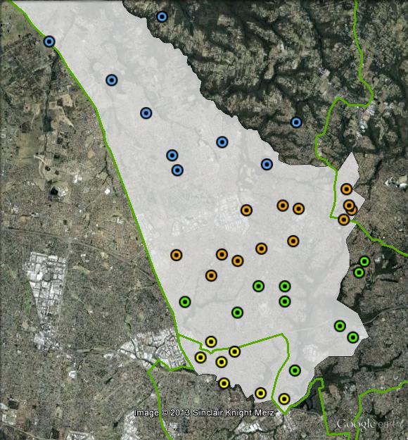 Polling places in Mitchell at the 2010 federal election. Baulkham Hills in green, Central in orange, North in blue, Winston Hills in yellow. Click to enlarge.