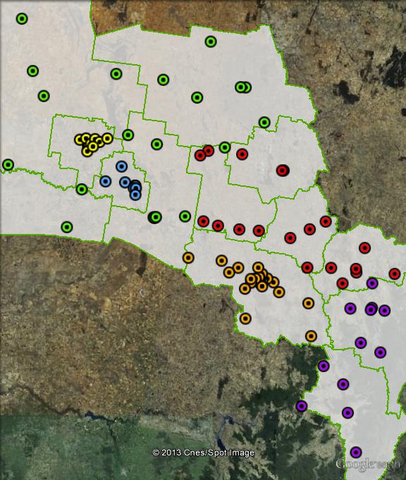 Polling places in Riverina at the 2010 federal election. Griffith in yellow, Leeton in blue, North east in red, South East in purple, Wagga Wagga in orange, West in green. Click to enlarge.