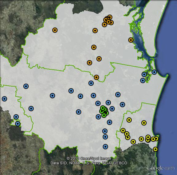 Polling places in Wide Bay at the 2010 federal election. Gympie Rural in blue, Gympie Urban in green, Maryborough in orange, Noosa in yellow. Click to enlarge.