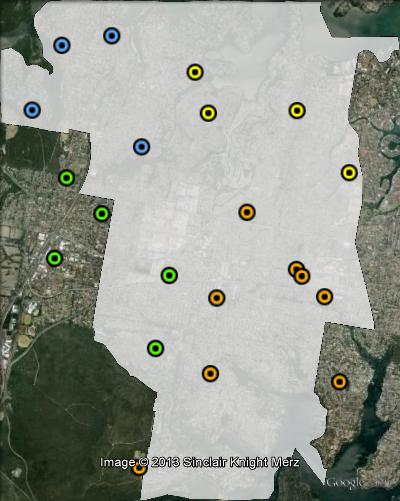 Polling booths in Miranda at the 2011 NSW state election. Como in blue, Gymea in orange, Kirrawee in green, Sylvania in yellow. Click to enlarge.