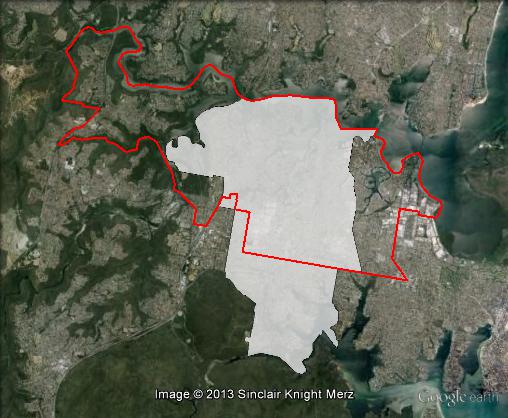 Boundaries of the electorate of Miranda at the 2013 by-election (in white) and boundaries for the 2015 election (red line).