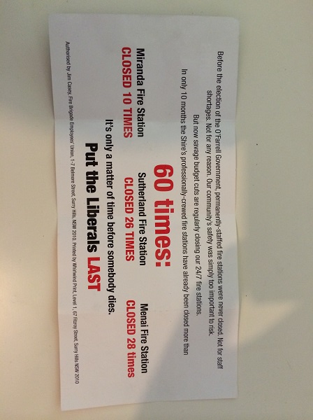 Back side of FBEU leaflet handed out at Miranda by-election.
