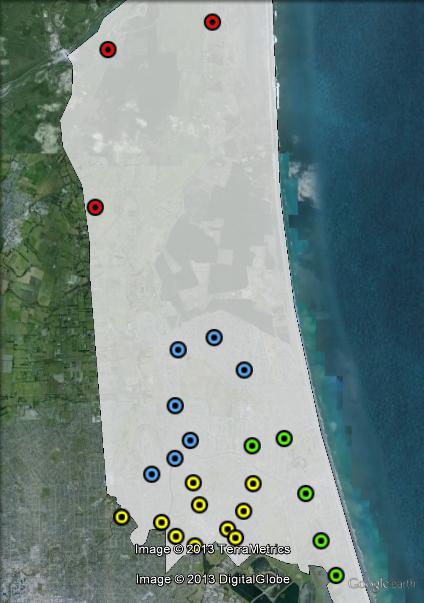 Polling places in Christchurch East at the 2011 general election. Burwood in blue, New Brighton in green, North in red, South in yellow. Click to enlarge.