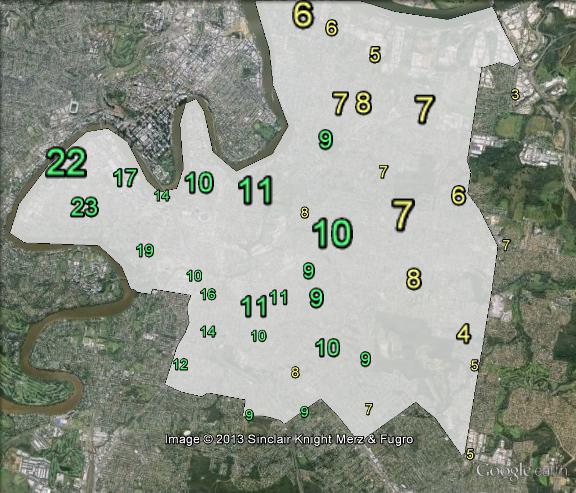 Greens primary votes in Griffith at the 2013 federal election.