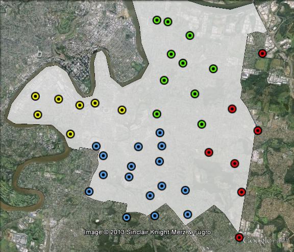 Polling places in Griffith at the 2013 federal election. Bulimba in green, East in red, Greenslopes in blue, South Brisbane in yellow. Click to enlarge.