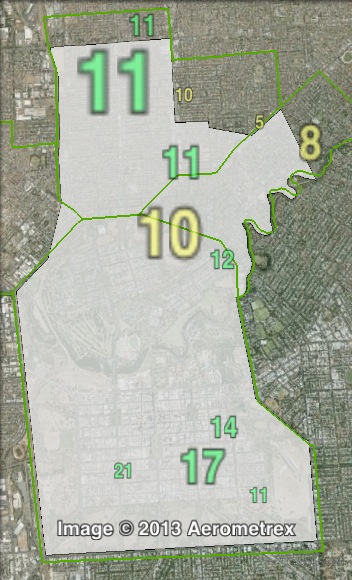 Greens primary votes in Adelaide at the 2010 state election.