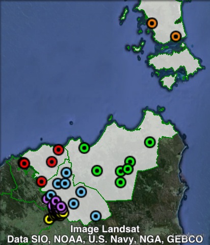 Polling places in Bass at the 2010 state election. Dorset in green, Flinders Island in orange, George Town in red, Launceston North in purple, Launceston Rural in blue, Launceston South in yellow. Click to enlarge.