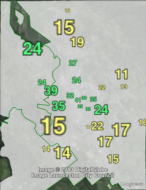 Greens primary votes in Launceston at the 2010 state election.