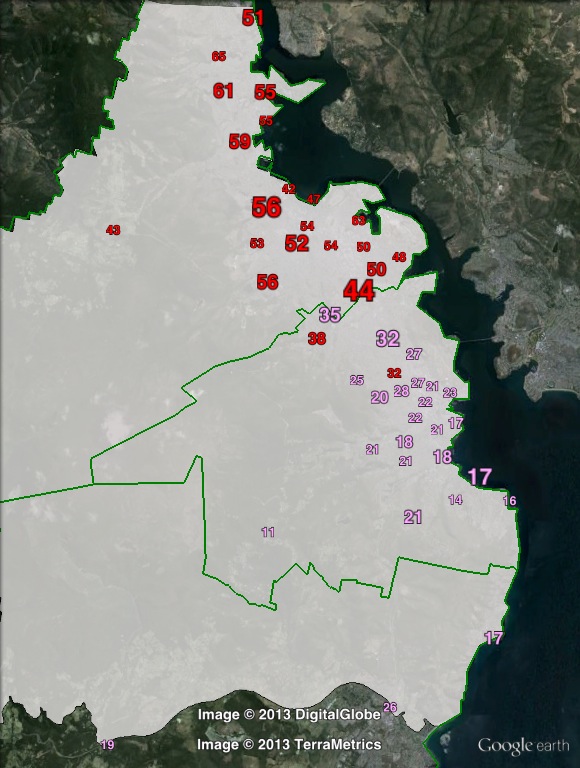 Labor primary votes in Denison at the 2010 state election.