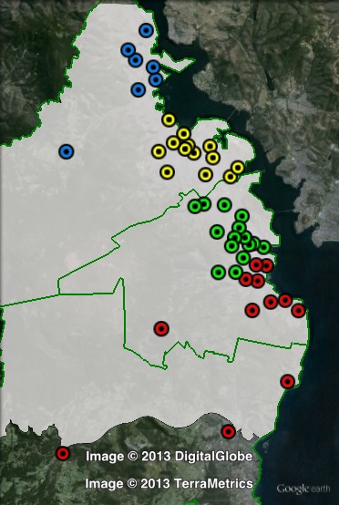 Polling places in Denison at the 2010 state election. Claremont in blue, Glenorchy in yellow, Hobart in green, South in red. Click to enlarge.