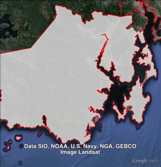 Huon's current and previous boundaries. 1999-2008 boundaries shown as red line, 2009-2013 boundaries shown as white area. Click to enlarge.