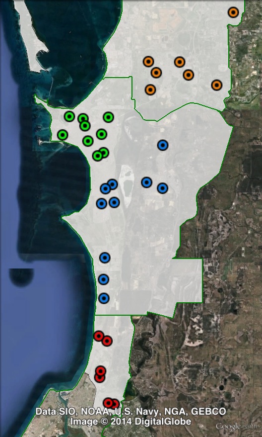 Polling places in Brand at the 2013 federal election. Kwinana in orange, Mandurah in red, Rockingham in green, Warnbro in blue. Click to enlarge.