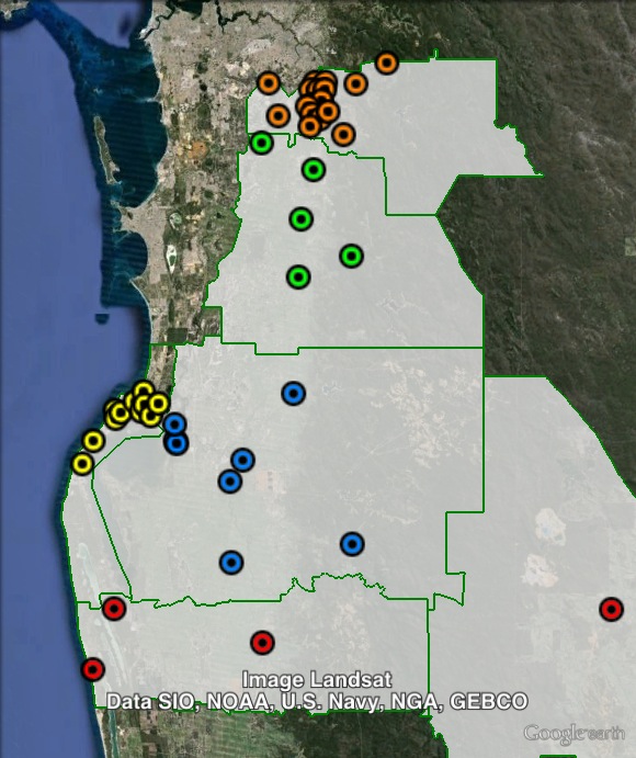 Polling places in Canning at the 2013 federal election. Armadale in orange, Mandurah in yellow, Murray in blue, Serpentine-Jarrahdale in green, South in red. Click to enlarge.