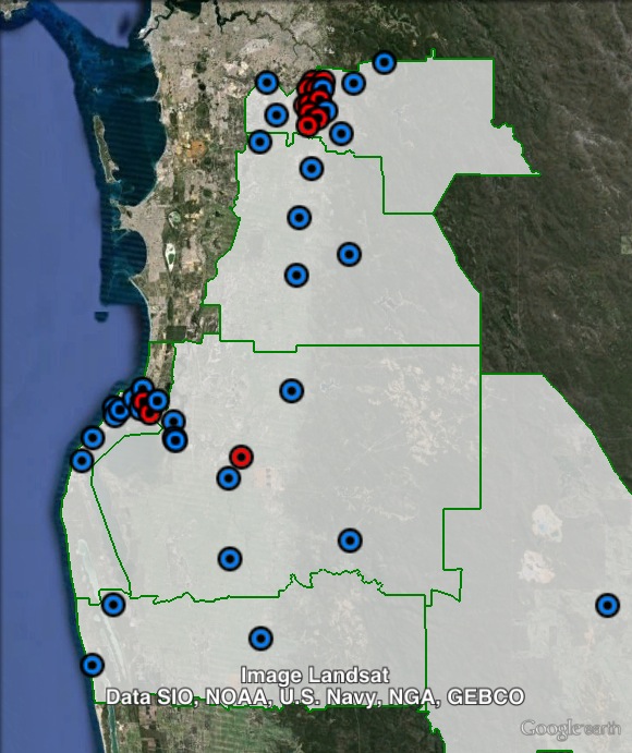 Polling places in Canning at the 2013 federal election. Booths where the Labor and Greens vote was higher are marked red, booths where the Liberal and Nationals vote was higher are marked blue.
