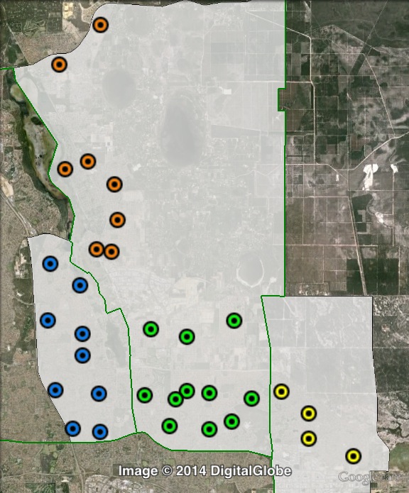 Polling places in Cowan at the 2013 federal election. Central in green, North in red, South-East in yellow, South-West in blue. Click to enlarge.