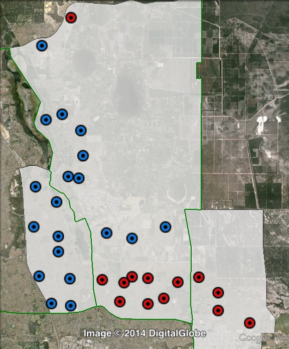 Polling places in Cowan at the 2013 federal election. Booths where the Labor and Greens vote was higher are marked red, booths where the Liberal and Nationals vote was higher are marked blue.