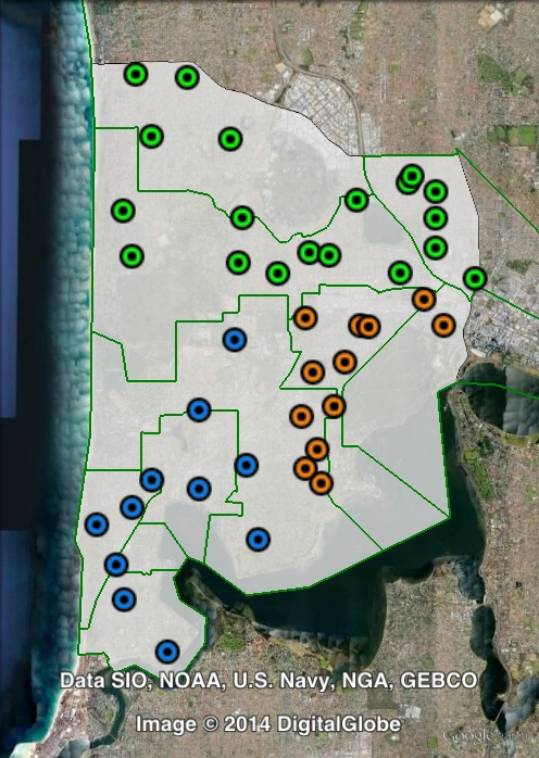 Polling places in Curtin at the 2013 federal election. North in green, South-East in orange, South-West in blue. Click to enlarge.
