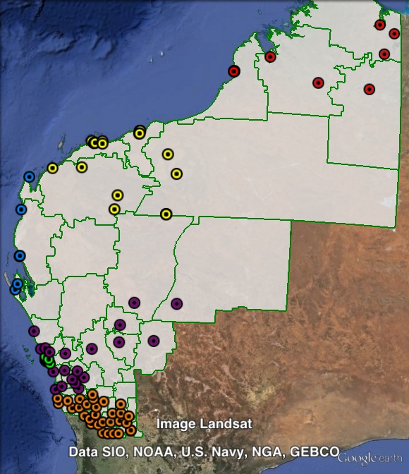 Polling places in Durack at the 2013 federal election. Gascoyne in blue, Geraldton in green, Kimberley in red, Mid West in purple, Pilbara in yellow, Wheatbelt in orange. Click to enlarge.