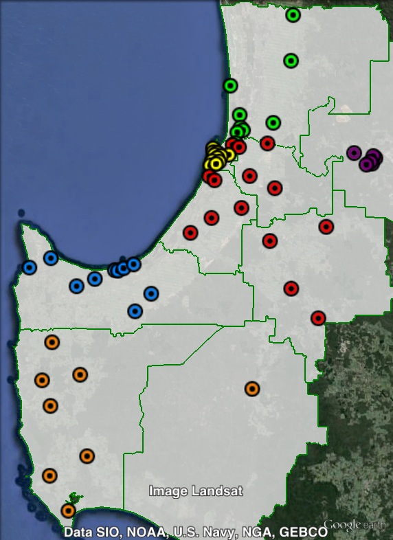 Polling places in Forrest at the 2013 federal election. Bunbury in yellow, Busselton in blue, Central in red, Collie in purple, Harvey in green, South in orange. Click to enlarge.