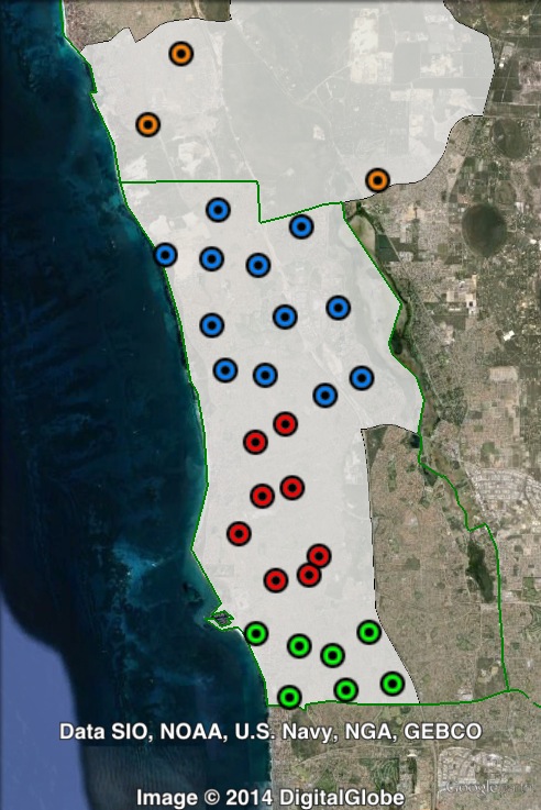 Polling places in Moore at the 2013 federal election. Joondalup Central in red, Joondalup North in blue, Joondalup South in in green, Wanneroo in orange. Click to enlarge.