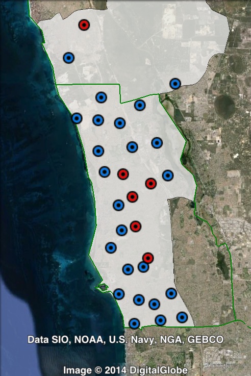 Polling places in Moore at the 2013 federal election. Booths where the Labor and Greens vote was higher are marked red, booths where the Liberal and Nationals vote was higher are marked blue.