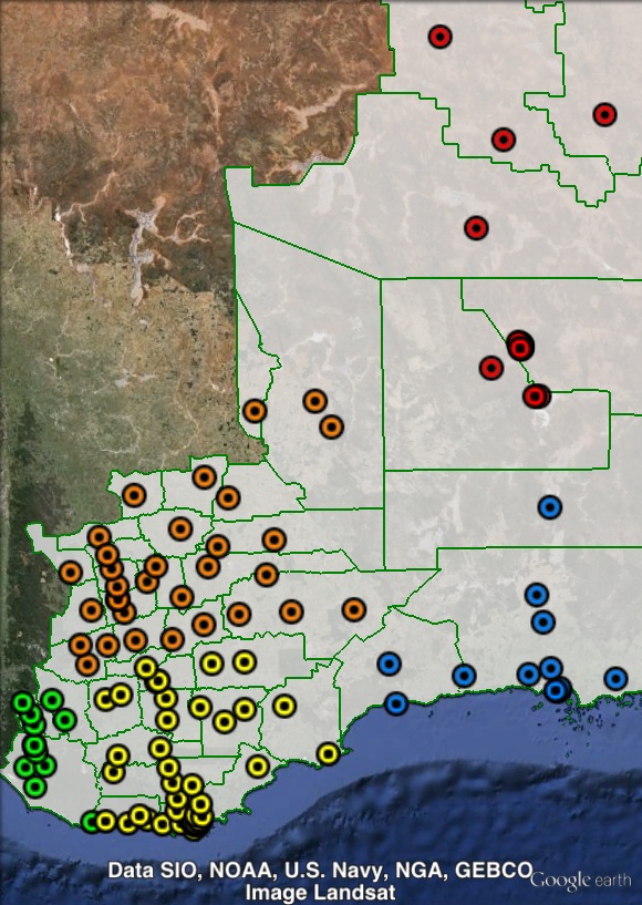 Polling places in O'Connor at the 2013 federal election. Goldfields in red, Great Southern in orange, South East in blue, South West in green, Wheatbelt in red. Click to enlarge.