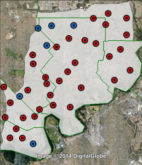 Polling places in Pearce at the 2013 federal election. East in yellow, North in blue, South in red, Swan in green, Wanneroo in orange. Click to enlarge.