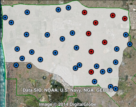 Polling places in Stirling at the 2013 federal election. Booths where the Labor and Greens vote was higher are marked red, booths where the Liberal and Nationals vote was higher are marked blue.