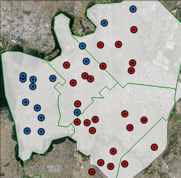 Polling places in Swan at the 2013 federal election. Booths where the Labor and Greens vote was higher are marked red, booths where the Liberal and Nationals vote was higher are marked blue.
