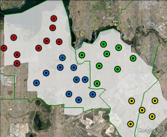 Polling places in Tangney at the 2013 federal election. East in green, North-West in red, South-East in yellow, West in blue. Click to enlarge.
