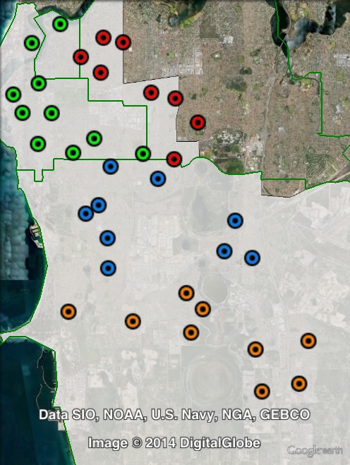 Polling places in Fremantle at the 2013 federal election. Atwell-Beeliar in orange, Fremantle in green, Hamilton Hill-Spearwood in blue, Melville in red. Click to enlarge.