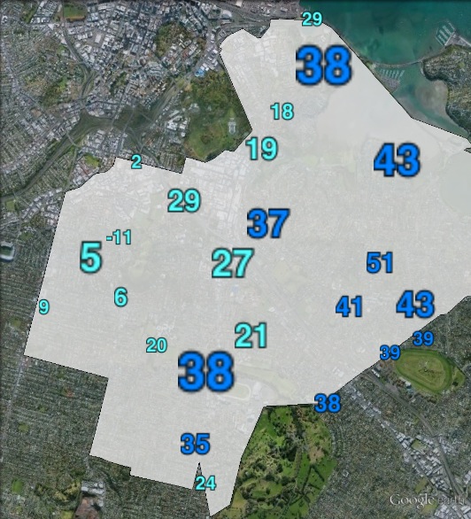 Difference between National party votes and candidate votes per booth in Epsom at the 2011 general election.