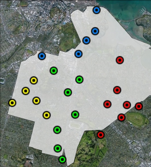 Polling places in Epsom at the 2011 general election. Epsom in yellow, Mt Eden in yellow, Parnell in blue, Remuera in red. Click to enlarge.
