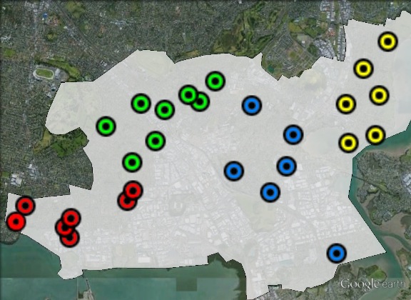 Polling places in Maungakiekie at the 2011 general election. Ellerslie in green, Mt Wellington in blue, Onehunga in red, Panmure in yellow. Click to enlarge.