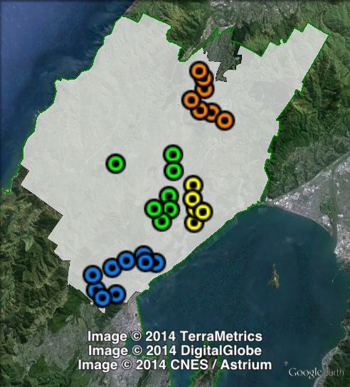 Polling places in Ōhariu at the 2011 general election. Central East in yellow, Central West in green, North in red, South in blue. Click to enlarge.