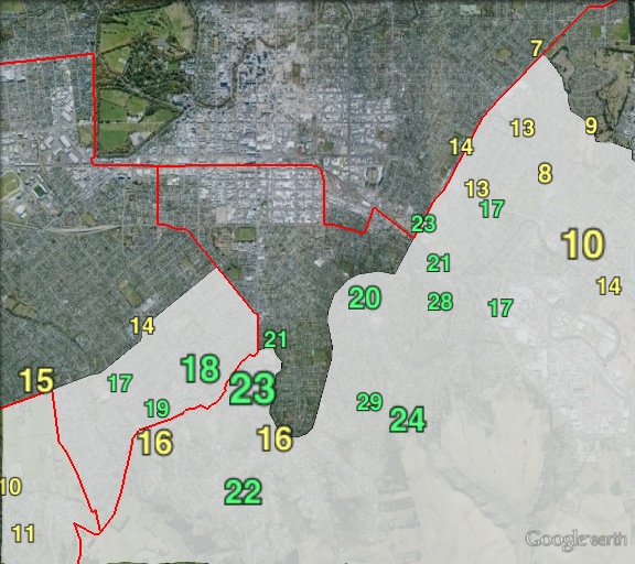 Green party votes in central parts of Port Hills at the 2011 general election.