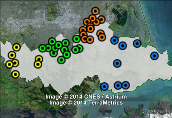 Polling places in Port Hills at the 2011 general election. Central East in green, Central West in orange, East in yellow, West in blue. Click to enlarge.