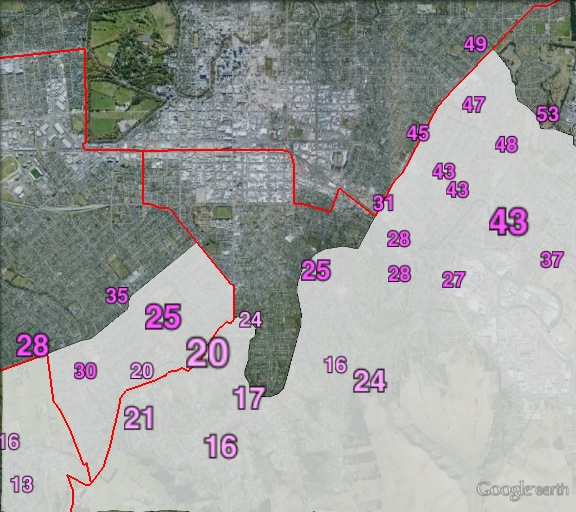 Labour party votes in central parts of Port Hills at the 2011 general election.