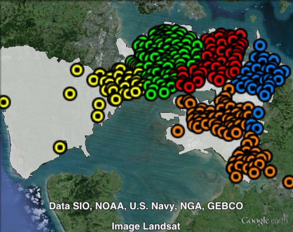 Polling places in Tāmaki Makaurau at the 2011 general election. Central in green, Inner East in red, Outer East in blue, South East in orange, West in yellow. Click to enlarge.