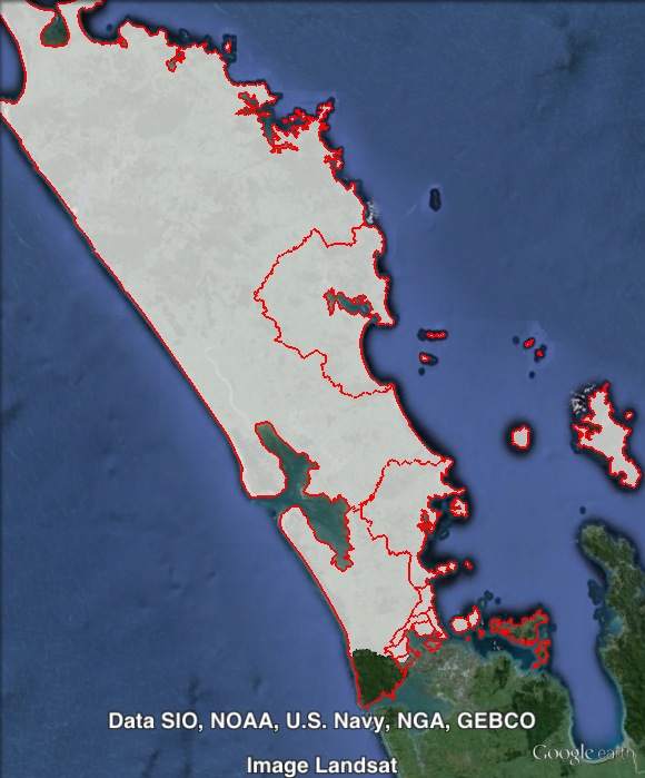 Map of Te Tai Tokerau, showing 2014 general electoral boundaries in red.