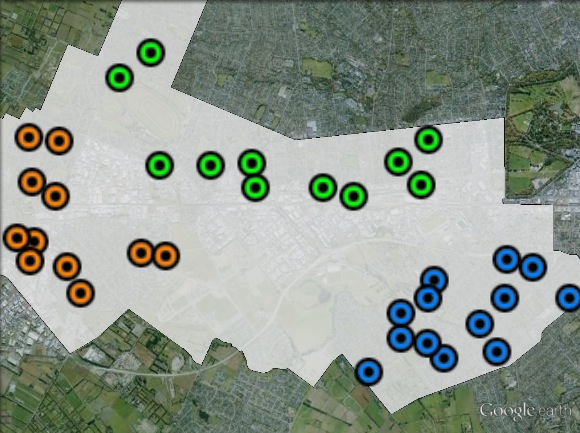 Polling places in Wigram at the 2011 general election. East in blue, North in green, West in orange. Click to enlarge.