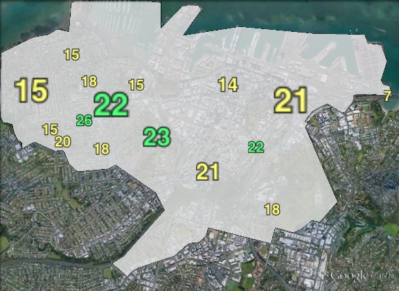 Green party votes in Auckland Central at the 2011 general election.