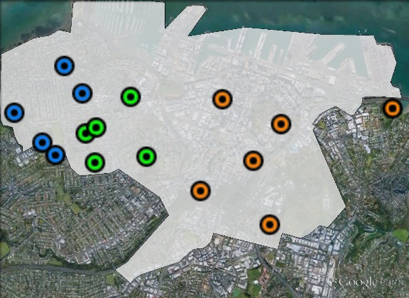 Polling places in Auckland Central at the 2011 general election. Central in green, East in orange, West in blue. Click to enlarge.